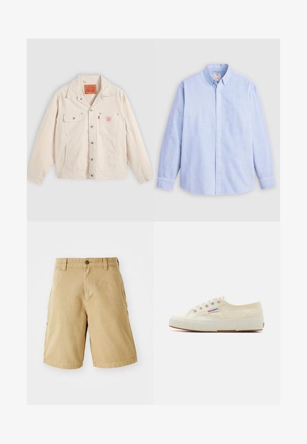 Veste boutonnée écrue avec deux poches poitrine, dont une à rabat avec bouton, et une étiquette rouge du logo Levi's sur la poche droite.; Chemise à manches longues bleu clair, en coton, avec un col classique et une broderie de marque discrète sur la poitrine gauche.; Shorts cargo en coton beiges avec poches frontales et latérales, passants de ceinture et fermeture à bouton métallique. Coupe droite et design à hauteur des genoux.; Baskets en toile beige au design épuré, œillets en métal et semelle en caoutchouc. Présente un motif texturé et un détail de logo sur le côté.