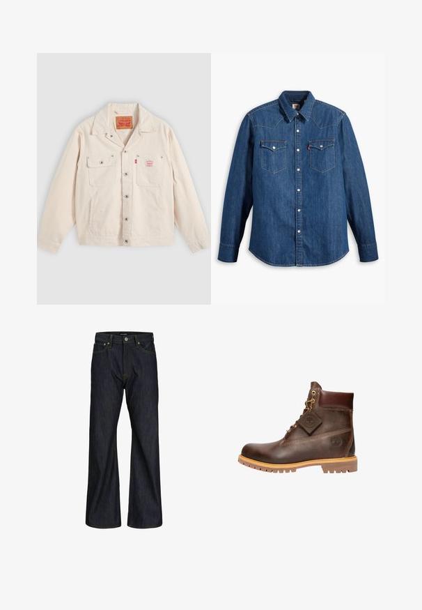 Veste boutonnée écrue avec deux poches poitrine, dont une à rabat avec bouton, et une étiquette rouge du logo Levi's sur la poche droite.; Chemise en denim bleu marine à manches longues, col pointu et boutons-pression. Dispose de deux poches poitrine avec rabats et couture contrastante.; Jeans bleu foncé à coupe droite avec cinq poches, fermeture par bouton et couture orange visible sur la taille et les coutures.; Bottine en cuir marron avec un bout rond, une semelle robuste, des éléments en doré et un dessus texturé. Comprend une étiquette de logo attachée.