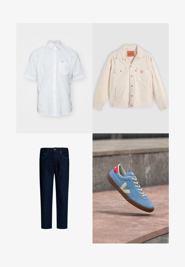 Veste boutonnée écrue avec deux poches poitrine, dont une à rabat avec bouton, et une étiquette rouge du logo Levi's sur la poche droite.; Chemise blanche à manches courtes en lin, dotée d'un col button-down, d'une poche frontale et de détails de couture subtils.; Jean en denim bleu foncé avec une coupe droite, un style classique à cinq poches et des coutures contrastantes discrètes. Pas d'ussures visibles.; Baskets décontractées bleues avec des lacets et un logo beige, une languette de talon rouge et une semelle marron, suspendues au-dessus d'une surface en béton.