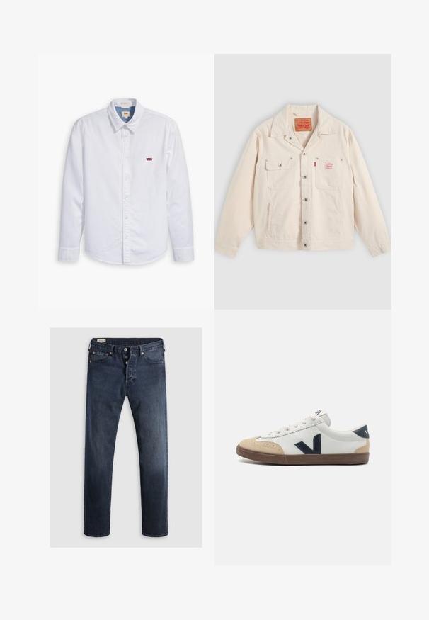 Off-weiße Jacke mit Knopfleiste, zwei Brusttaschen, davon eine mit Knopfklappe, und einem roten Levi's-Logoschild auf der rechten Tasche.; Weißes, langärmliges Hemd mit Knopfverschluss aus Baumwolle. Verfügt über einen spitzen Kragen und ein kleines rotes Levi's-Logo auf der linken Brust. Glatte Textur.; Dunkelblaue Denim-Jeans mit geradem Bein, ausgestattet mit einem Reißverschluss, Metallknöpfen und Kupfernieten. Glatte Textur, keine sichtbaren Muster.; Weiße Leder-Sneaker mit beigem Zehenbereich, navyblaue seitliche "V"-Logos und brauner Gummisohle. Enthält runde Schnürsenkel und strukturierte Akzente.