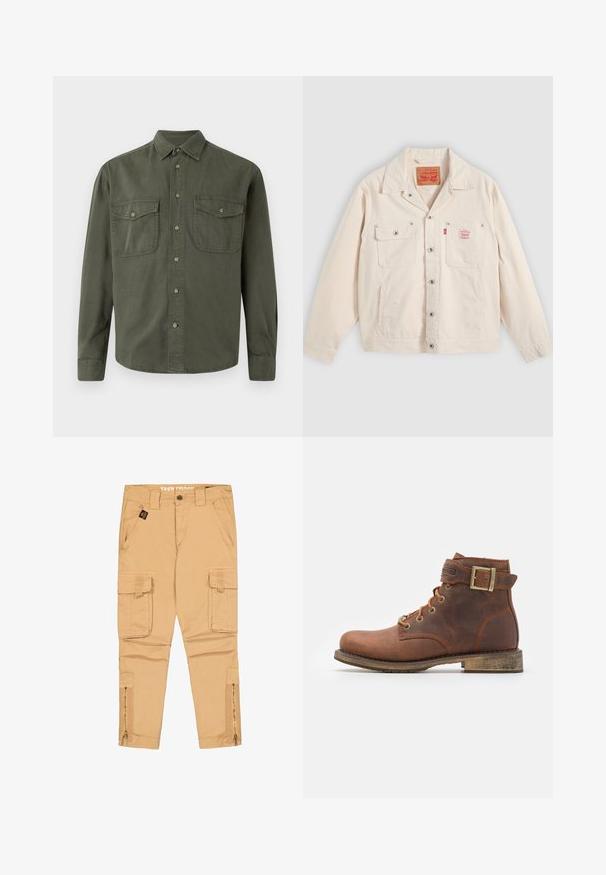 Off-weiße Jacke mit Knopfleiste, zwei Brusttaschen, davon eine mit Knopfklappe, und einem roten Levi's-Logoschild auf der rechten Tasche.; Kahki Langarmhemd aus Baumwolle. Mit Knopfverschluss vorne, zwei Brusttaschen mit Klappen und klassischem Kragen. Schlichtes Design.; Beige Cargohose mit Frontknopf, Gürtelschlaufen, zwei Seitentaschen, zwei Klapp-Cargotaschen und Reißverschlüssen an den unteren Hosenbeinen.; Harley Davidson VNTGMOTO SHORT RIDING APPROVED - Cowboy-/Bikerstiefelette - brown