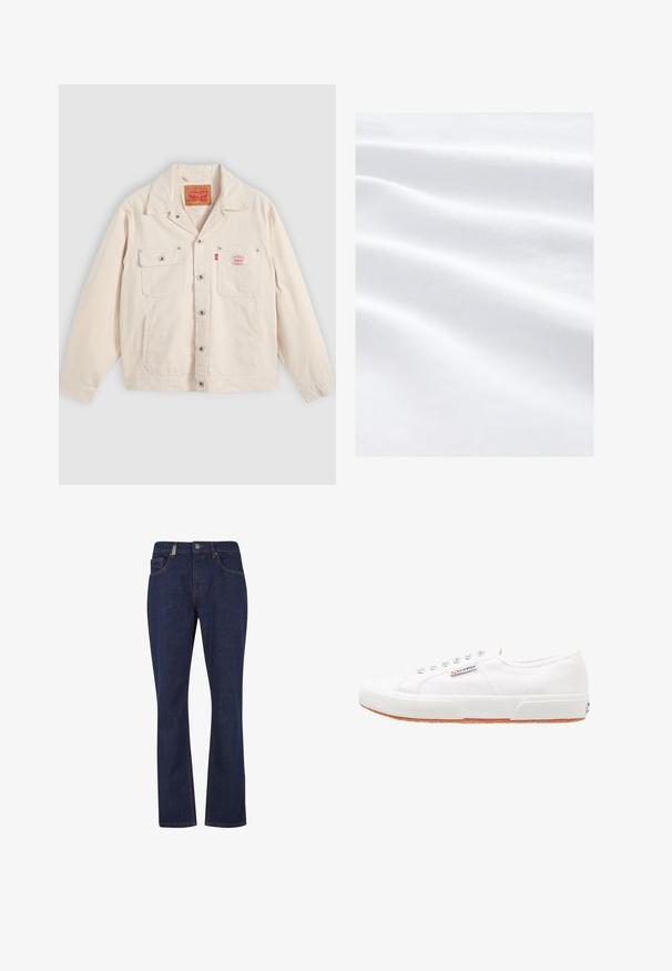 Gebroken witte jasje met knopen, voorzien van twee borstzakken, waarvan één met een knoopklep, en een rood Levi's logotabbord op de rechterzak.; Zacht, glad wit stof met subtiele horizontale vouwen en een fijn, gestructureerd weefpatroon, gelijkmatig verlicht zonder schaduwen.; Donkerblauwe rechte jeans van denim met voorste knoop en rits, met voor- en achterzakken en zichtbare stikseldetails.; Witte canvas sneakers met een rubberen zool, vetersluiting en een klein logolabel aan de zijkant. Gewreven wit bovenwerk en een bruine zool.