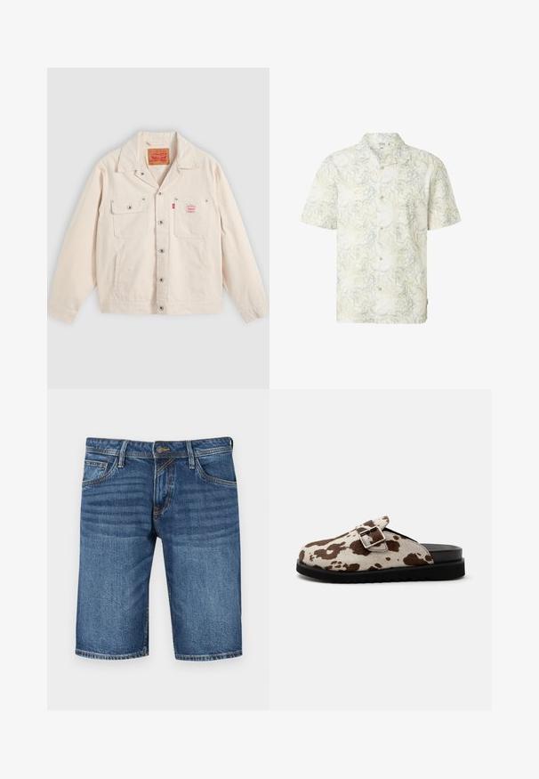 Svetlo krémová bunda na zapínanie na gombíky s dvoma náprsnými vreckami, jedno so zapínacou klopou a červená tabuľka s logom Levi's na pravom vrecku.; Krátky rukáv, košeľa na gombíky s abstraktným vzorom vírov v svetlo béžovej a sivej farbe, klasický golier a béžové gombíky.; Tmavomodré denimové bermudy so strihom do rovna, s dizajnom piatich vreciek a kontrastným prešívaním. Zapínanie na gombík a zips v oblasti pásu.; Slip-on mule topánka s čiernou podrážkou, hnedo-biely vzor hovädzej kože na zvršku a veľkým strieborným prackovým remienkom na boku.