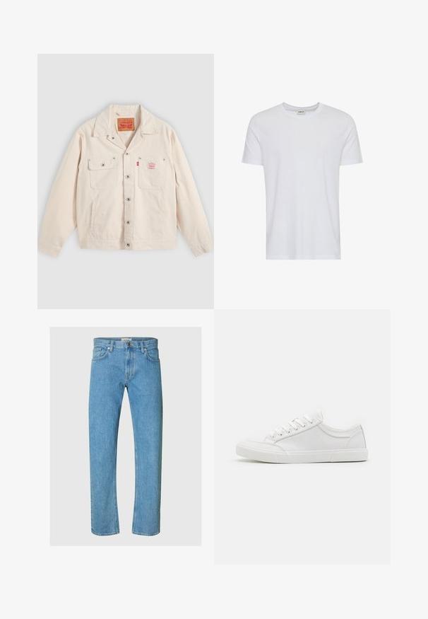 Off-weiße Jacke mit Knopfleiste, zwei Brusttaschen, davon eine mit Knopfklappe, und einem roten Levi's-Logoschild auf der rechten Tasche.; Schlichtes weißes T-Shirt mit kurzen Ärmeln und Rundhalsausschnitt, präsentiert auf weißem Hintergrund, mit einem kleinen Nackenetikett, das die Marke „Solid“ zeigt.; Hellblaue Jeans aus Denim verfügen über ein gerades Bein-Design, einen Five-Pocket-Stil und einen Reißverschluss mit Metallknopfverschluss.; Weiße Sneakers mit einem Obermaterial aus glattem Leder, runder Zehenpartie, flacher Gummisohle und sechs Ösen für die Schnürsenkel. Subtile Nähdetails, minimalistisches Design.