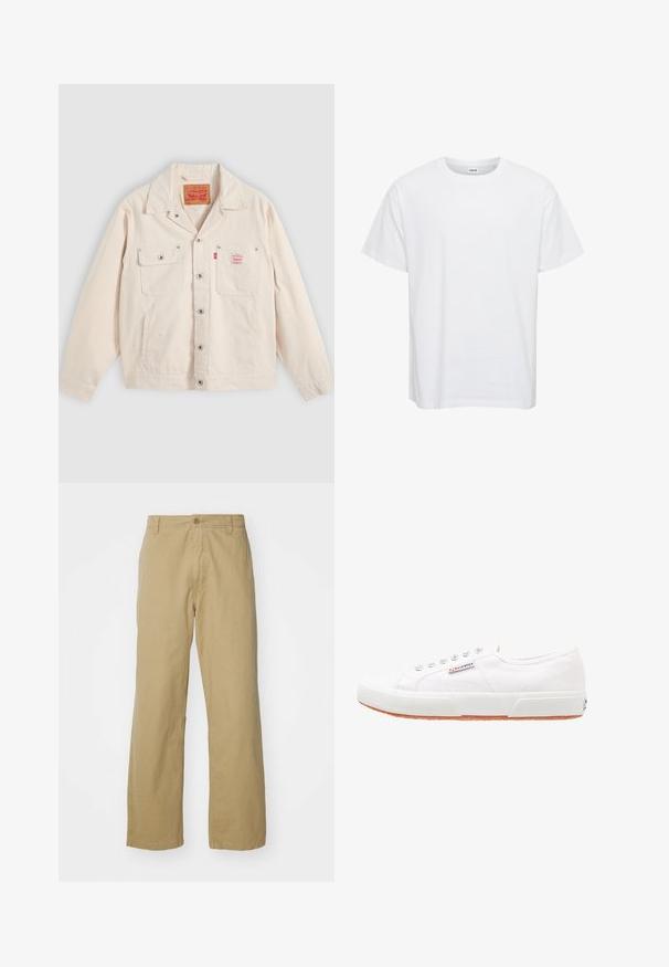 Valkoinen nappikiinnitteinen takki, jossa on kaksi rintataskua, joista toisessa on nappiläppä, ja oikeassa taskussa punainen Levi's-logo.; Valkoinen puuvillapaita, jossa on lyhyet hihat, pyöreä kaula-aukko ja rento leikkaus. Silkkinen pinta, ilman kuvioita tai koristeita. Yksinkertainen muotoilu.; Khaki puuvillalaskeutuvat housut suoranlahkeisella suunnittelulla, joissa on edessä nappisulku ja sivutaskut. Sujuva ja kestävä rakenne.; Valkoiset kangaskengät, joissa on kumipohja, nauhakiinnitys ja pieni logoetiketti sivussa. Teksturoidusta valkoisesta päällisestä ja ruskeasta pohjasta.