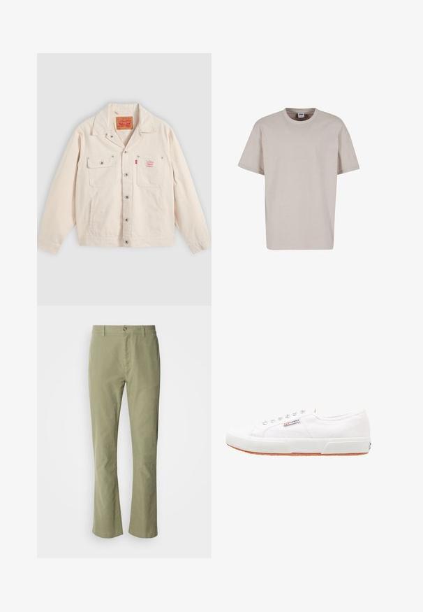 Veste boutonnée écrue avec deux poches poitrine, dont une à rabat avec bouton, et une étiquette rouge du logo Levi's sur la poche droite.; Urban Classics CUFF TEE - T-shirt basique - cloud; Pantalon en coton vert clair avec une coupe droite, doté d'une fermeture à bouton à l'avant et d'une texture discrète. Aucun motif ou accent visible.; Baskets en toile blanches avec une semelle en caoutchouc, design à lacets et une petite étiquette logo sur le côté. Tige blanche texturée et semelle extérieure marron.