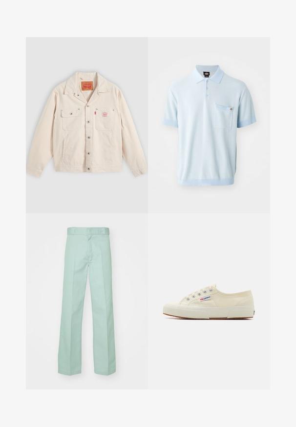 Valkoinen nappikiinnitteinen takki, jossa on kaksi rintataskua, joista toisessa on nappiläppä, ja oikeassa taskussa punainen Levi's-logo.; Vaaleansininen polo-paita, jossa on teksturoitu kangas, kolme nappia, lyhyet hihat, joissa on kontrastiväriset hihansuut, sekä etutasku rinnassa.; Vaaleanvihreät puuvillahousut, joissa on suora lahje muotoilu, ja jotka on varustettu sileällä pinnalla sekä tavallisella vyötärönauhalla, jossa on vyölenkit.; Vaaleanbeige canvas-kengät, joissa on matala profiili, metalliset nauhoitteet ja kumipohja. Kengissä on teksturoitu kuviointi ja logotieto sivussa.