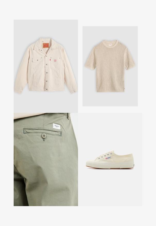 Gebroken witte jasje met knopen, voorzien van twee borstzakken, waarvan één met een knoopklep, en een rood Levi's logotabbord op de rechterzak.; Beige gebreide trui met korte mouwen en een ronde hals met een gestructureerd opengeweven patroon, plat gelegd op een lichte achtergrond.; Licht olijfgroene katoenen broek met een achterzak, voorzien van een knoopsluiting en een klein merkembleem dat boven de zak is gestikt.; Beige canvas sneaker met een laag profiel, metalen oogjes en rubberen zool. Beschikt over een textuurpatroon en logodetail aan de zijkant.