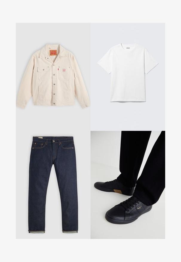 Chaqueta abotonada de color blanco sucio con dos bolsillos en el pecho, uno con solapa y botón, y una pestaña con el logo rojo de Levi's en el bolsillo derecho.; Camiseta blanca de manga corta con cuello redondo, colocada plana, diseño liso, con etiqueta "WEEKDAY" en el interior del cuello sobre un fondo claro.; Vaqueros vaqueros de pierna recta en azul oscuro con puños doblados, diseño de cinco bolsillos, remaches de cobre y cierre de botón sobre un fondo liso.; Zapatillas de cuero negro con un diseño elegante, que presentan una superficie texturizada, punta redonda y cordones negros. Detalle del logo en dorado en el lateral.