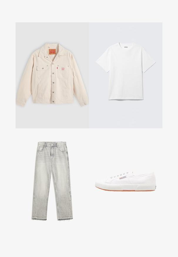 Svetlo krémová bunda na zapínanie na gombíky s dvoma náprsnými vreckami, jedno so zapínacou klopou a červená tabuľka s logom Levi's na pravom vrecku.; Biely krátky rukáv tričko s okrúhlym výstrihom, na rovine, jednoduchý dizajn, so štítkom "WEEKDAY" vo vnútri goliera na svetlom pozadí.; Svetlo šedé džínsy s mierne vyblednutým povrchom, rovný strih, dizajn s piatimi vreckami a rozstrapkaným lemom. Plochý pás s pútkami na opasok.; Biele plátnené tenisky s gumovou podrážkou, s šnurovacím dizajnom a malou logo nálepkou na boku. Štruktúrovaný biely zvršok a hnedá podrážka.