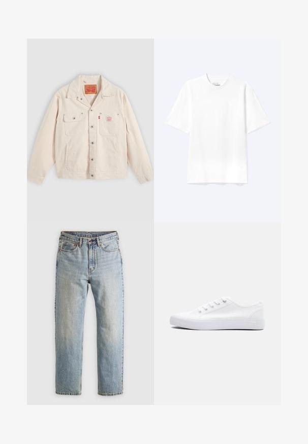 Chaqueta abotonada de color blanco sucio con dos bolsillos en el pecho, uno con solapa y botón, y una pestaña con el logo rojo de Levi's en el bolsillo derecho.; Camiseta lisa blanca de manga corta y cuello redondo con un corte relajado, mostrada sobre un fondo claro.; Jeans de mezclilla azul claro de cintura alta, con botón frontal, cremallera y diseño de cinco bolsillos, dispuestos sobre un fondo neutro.; Zapatilla baja de lona blanca con cordones blancos, suela de goma y ojales metálicos, mostrada desde el lado externo sobre un fondo liso.