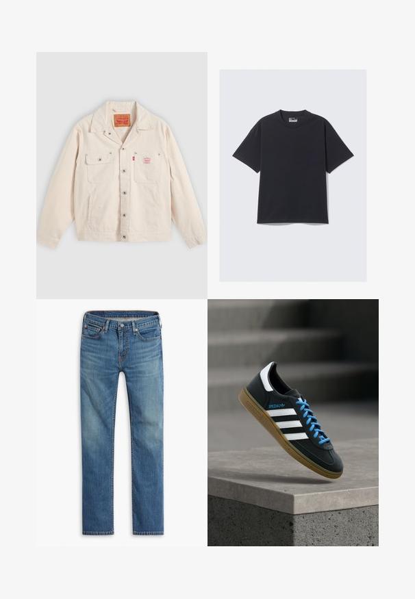 Off-white knapjakke med to brystlommer, den ene med klap og knap, samt en rød Levi's logo etiket på højre lomme.; Sort bomulds T-shirt med klassisk rund hals, korte ærmer og en afslappet pasform. Glat tekstur med minimal syning.; Blå straight-leg denim jeans med frontknap og lynlåslukning, fem-lomme design og subtilt falmede områder på lår og knæ.; Sort Adidas sneaker med hvide striber, blå snørebånd og gummisål, der svæver over gråt betontrin i blødt lys.