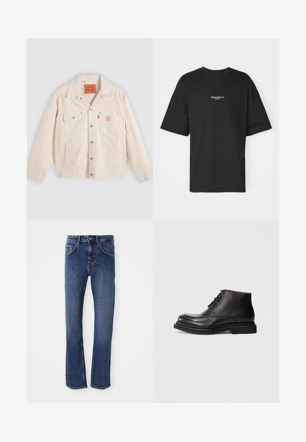 Svetlo krémová bunda na zapínanie na gombíky s dvoma náprsnými vreckami, jedno so zapínacou klopou a červená tabuľka s logom Levi's na pravom vrecku.; Čierne tričko s krátkym rukávom vyrobené z bavlny, s bielou potlačou "ORIGINALS est. 1970" na hrudi, s voľným strihom a okrúhlym výstrihom.; Svetlomodré denimové džínsy s rovnými nohavicami, dizajnom s piatimi vreckami a zapínaním na kovový gombík. Obsahujú jemné prešívanie a hladkú textúru.; Čierna kožená členková boot s viazaním, okrúhlou špičkou a hrubou gumovou podrážkou na jednofarebnom bielom pozadí.