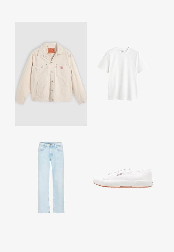 Chaqueta abotonada de color blanco sucio con dos bolsillos en el pecho, uno con solapa y botón, y una pestaña con el logo rojo de Levi's en el bolsillo derecho.; Camiseta de algodón blanca con cuello redondo, mangas cortas y un corte relajado. Textura suave y sin patrones o acentos visibles.; Vaqueros azul claro de pierna recta con botón y cremallera delanteros, trabillas para cinturón y bolsillos delanteros sobre un fondo blanco.; Zapatillas de lona blancas con suela de goma, diseño de cordones y una pequeña etiqueta con el logo en el lateral. Parte superior texturizada blanca y suela marrón.