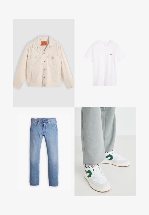 Valkoinen nappikiinnitteinen takki, jossa on kaksi rintataskua, joista toisessa on nappiläppä, ja oikeassa taskussa punainen Levi's-logo.; Valkoinen puuvillateeppari, jossa on pyöreä pääntie, lyhyet hihat ja pieni punainen Levi's-logo vasemmassa rinnassa. Laadukas pinta, tavallinen malli.; Levi's® 501® LEVI'S® ORIGINAL - Straight leg -farkut - smooth cruise cool; Valkoiset ja vihreät lenkkarit, joissa on sileä nahka- ja mokkanahkapinta, korostettuna näkyvällä vihreällä logolla ja valkoisilla nauhoilla. Harmaat housut näkyvät osittain.