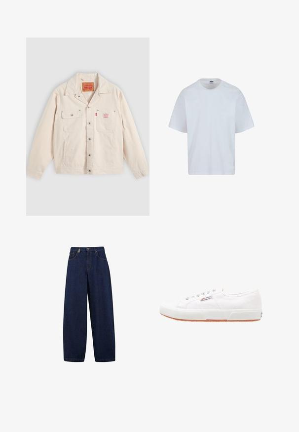 Off-weiße Jacke mit Knopfleiste, zwei Brusttaschen, davon eine mit Knopfklappe, und einem roten Levi's-Logoschild auf der rechten Tasche.; Weißes Baumwoll-T-Shirt mit rundem Halsausschnitt, kurzen Ärmeln und geradem Schnitt. Verfügt über dezente Nähte an den Schultern.; Lässige, dunkelblaue Denim-Jeans mit hoher Taille, Fronttaschen und geradem Bein. Enthält silberfarbene Hardware und minimalistische Nähte.; Weiße Leinensneaker mit Gummisohle, Schnürdesign und einem kleinen Logolabel an der Seite. Strukturierte weiße Oberseite und braune Außensohle.