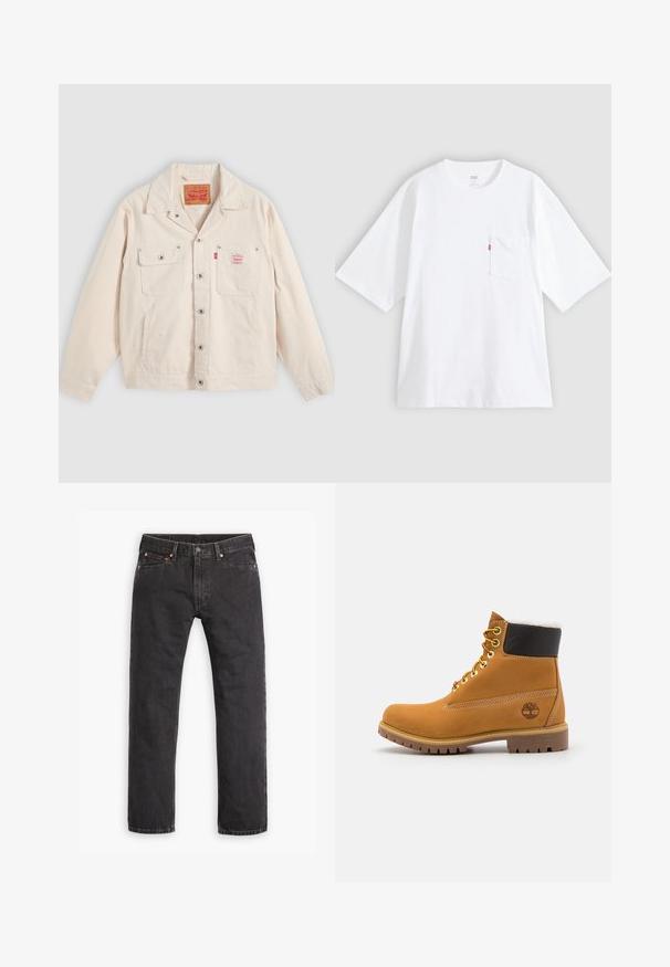 Off-white knapjakke med to brystlommer, den ene med klap og knap, samt en rød Levi's logo etiket på højre lomme.; Hvid bomulds-T-shirt med korte ærmer, rund hals og lomme på venstre bryst. Har en lille rød logoetiket på lommen.; Sorte straight-leg denim jeans med fem lommer, knaplukning og copper nitter liggende fladt på en hvid baggrund.; Brune læder ankelstøvle med metaløjer, hvid pelsforing, sort polstret krave, robust sål og præget logo på siden.