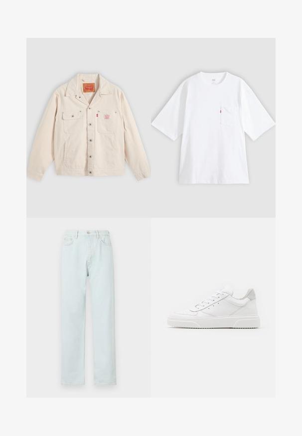 Off-white knapjakke med to brystlommer, den ene med klap og knap, samt en rød Levi's logo etiket på højre lomme.; Hvid bomulds-T-shirt med korte ærmer, rund hals og lomme på venstre bryst. Har en lille rød logoetiket på lommen.; Lyseblå lige bukser lavet af denim, med knaplukning, diskret slid, og fem-lomme design.; Hvide lædersneakers med en glat finish, rund tå, flade snørebånd og en struktureret sål. Grå ruskindsdetalje ved hælen.
