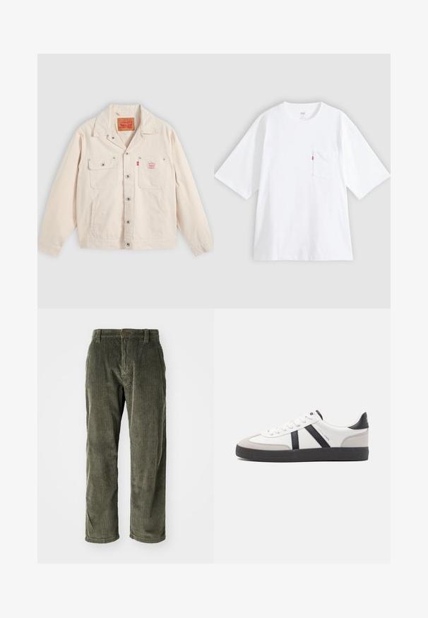 Off-white knapjakke med to brystlommer, den ene med klap og knap, samt en rød Levi's logo etiket på højre lomme.; Hvid bomulds-T-shirt med korte ærmer, rund hals og lomme på venstre bryst. Har en lille rød logoetiket på lommen.; Olivengrønne fløjlsbukser med lodrette ribber, der har knaplukning og lige ben. Blød tekstur med en klassisk pasform.; Hvide sneakers med sorte og grå detaljer, med en tekstureret grå tåhætte, sort gummisål og flade hvide snørebånd. Rent design, minimalistisk stil.