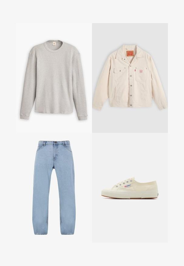 Veste boutonnée écrue avec deux poches poitrine, dont une à rabat avec bouton, et une étiquette rouge du logo Levi's sur la poche droite.; Pull en maille gris à manches longues avec une texture côtelée, encolure ronde et ourlet droit. Les poignets sont ajustés et fabriqués en tissu doux.; Jean en denim bleu clair avec un design à jambes droites, comportant quatre poches, une fermeture éclair et des détails de couture dorée.; Baskets en toile beige au design épuré, œillets en métal et semelle en caoutchouc. Présente un motif texturé et un détail de logo sur le côté.