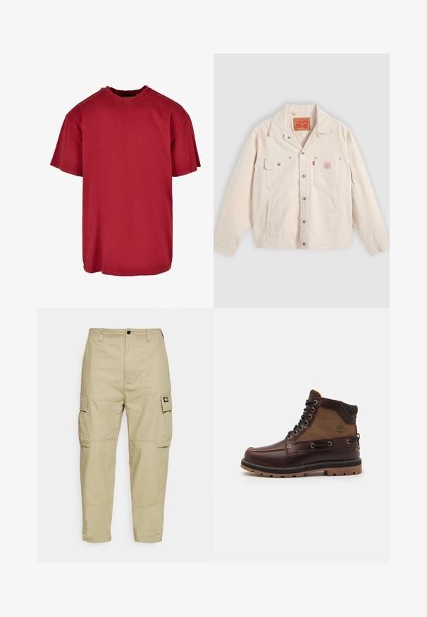 Valkoinen nappikiinnitteinen takki, jossa on kaksi rintataskua, joista toisessa on nappiläppä, ja oikeassa taskussa punainen Levi's-logo.; Punainen puuvillainen t-paita, jossa on rento istuvuus, lyhyet hihat, pyöreä kaula-aukko ja kuluneet yksityiskohdat olkapäiden lähellä. Ei näkyviä logoja.; Kermanväriset cargo-housut, jotka on valmistettu kestävästä kankaasta. Housuissa on kaksi sivutaskua, napitus ja kapenevat lahkeet, joissa on sileä pinta.; Ruskeat nahkakengät, joissa on vaaleanruskea kangaspaneeli, pyöreä kärki, metalliset silmukat, musta kumipohja ja ompeluyksityiskohtia. Sivussa kohotettu logo.