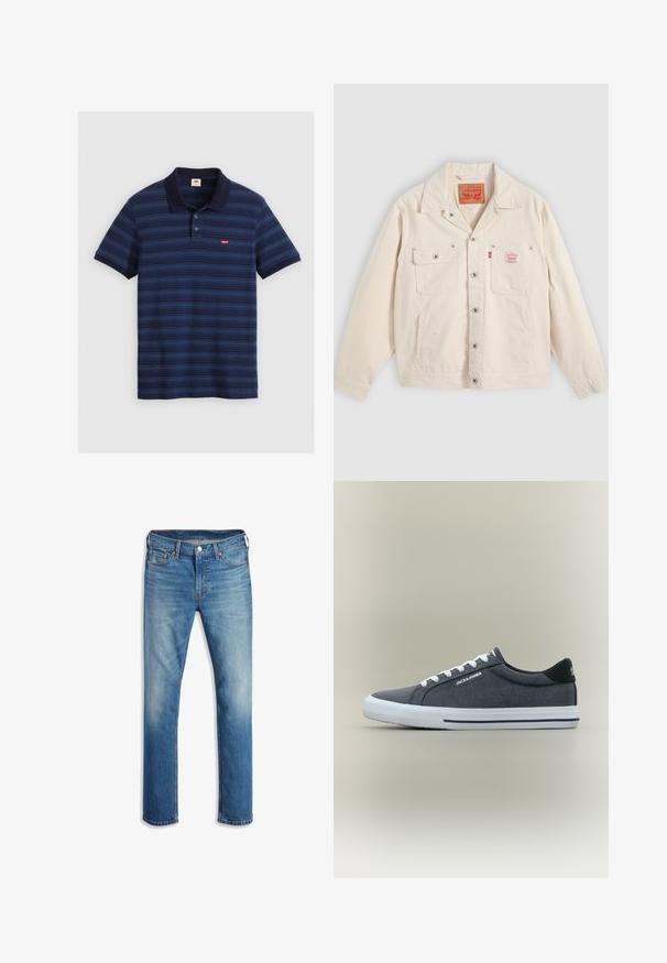 Chaqueta abotonada de color blanco sucio con dos bolsillos en el pecho, uno con solapa y botón, y una pestaña con el logo rojo de Levi's en el bolsillo derecho.; Polo en azul marino con rayas horizontales, mangas cortas, un cuello y una tapeta de tres botones. Presenta un pequeño logo en el pecho.; Jeans de mezclilla azul claro con un diseño de pierna recta, cinco bolsillos, cierre de botón, un ligero desgaste y detalles de costura en color naranja.; Zapatilla deportiva baja gris oscuro con cordones y suela blancas, cuello negro y la marca "Jack & Jones" en el lateral y el talón.