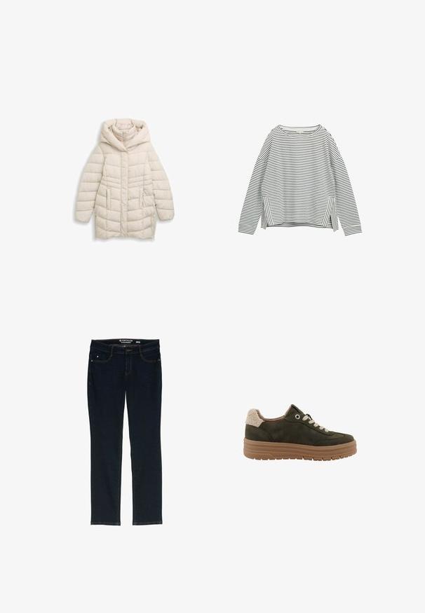 Polstret jakke i lys beige med en stor hætte, lodrette sømme, frontlynlås og to sidelommer. Glat tekstur og varmt design.; Langærmet skjorte med sort-hvide striber, bred udskæring, sideslids og et blødt bomuldsblandingsmateriale. Casual fit og letvægtsdesign.; Mørkeblå lige ben jeans lavet af denim. Har fem lommer, kontrastfarvet orange syning og en linning med mærkets navn.; Mørkegrøn ruskind lavt sneakers med beige fleece krave, cremefarvede snørebånd og tyk tan gummisål, sidevisning på hvid baggrund.