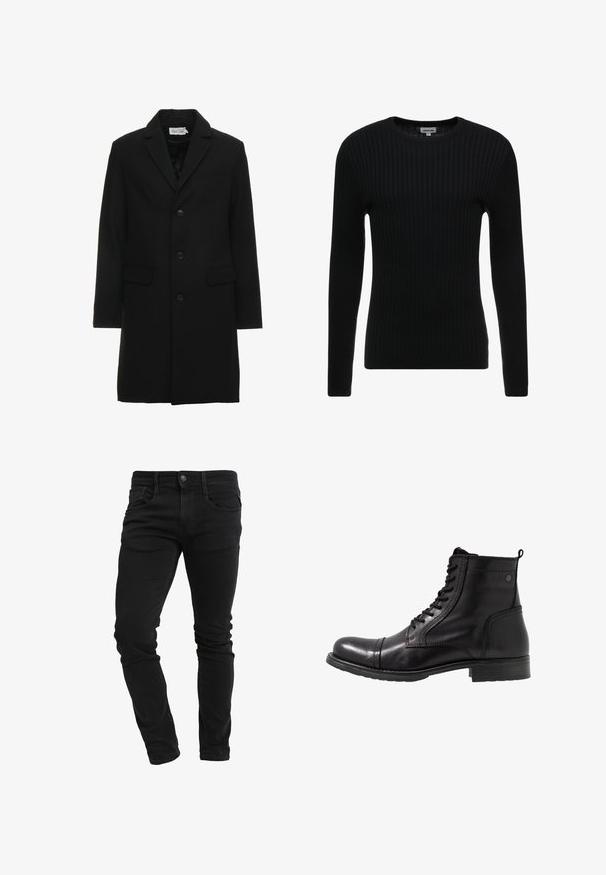 Manteau noir en mélange de laine avec revers à cran, fermeture à bouton simple, deux poches avant et une silhouette ajustée et élégante.; Pull noir à manches longues en côte avec un col rond ; le tissu texturé présente des lignes verticales ; silhouette ajustée ; sans embellissements ni accents visibles.; Jean slim noir avec poches avant, passants de ceinture, fermeture à bouton et léger froissement le long des jambes.; Bottines noires en cuir avec un bout arrondi, un laçage à l'avant, des accents texturés et un petit talon épais.