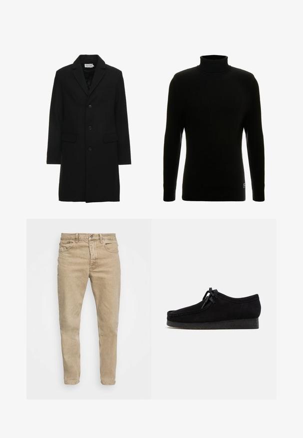 Manteau noir en mélange de laine avec revers à cran, fermeture à bouton simple, deux poches avant et une silhouette ajustée et élégante.; Pull à col roulé noir avec des manches longues, texture côtelée, silhouette ajustée et petite étiquette de marque en bas à gauche.; Jean en denim beige avec une coupe classique, un design à cinq poches et un léger délavage. Dispose d'un bouton en métal et d'une fermeture à glissière.; Chaussures en daim noir avec un design à bout arrondi, un laçage à l'avant et une semelle en caoutchouc noir texturé. Tige lisse avec de subtils détails de couture.