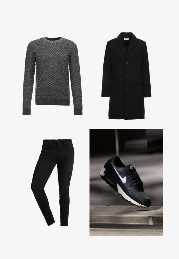 Sort uldblanding frakke med spidse klapper, enknap lukning, to frontlommer og en slank, skræddersyet silhuet.; Grå strikket sweater med et struktureret mønster, rund halsudskæring og lange ærmer. Har en ribbet kant og manchetter.; Sorte skinny jeans lavet af denim, med et klassisk femlomme design, knaplukning og minimale syninger.; Sort og grå Nike Air Max sneaker med hvid swoosh, ophængt over en betongulv mod en sløret mørk baggrund.