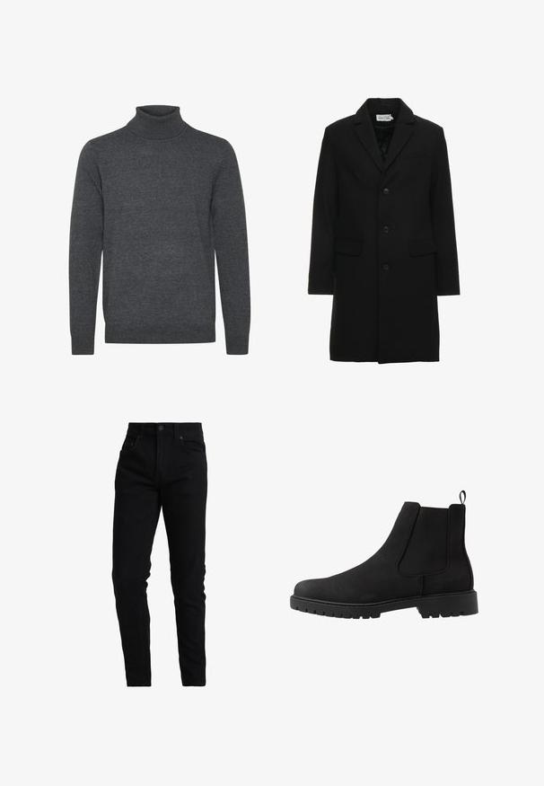 Sort uldblanding frakke med spidse klapper, enknap lukning, to frontlommer og en slank, skræddersyet silhuet.; Grå turtleneck sweater lavet af blødt strikket stof. Har en ribbet halsåbning og manchetter, lange ærmer, og et enkelt, udekoreret design.; Sorte denimjeans med slim fit, med mellemhøj talje, fem lomme-design og diskrete stikninger. Glat tekstureret stof.; Pier One UNISEX - Støvletter - black