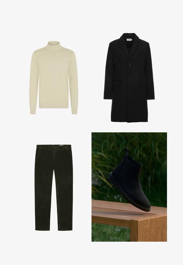 Sort uldblanding frakke med spidse klapper, enknap lukning, to frontlommer og en slank, skræddersyet silhuet.; Lys beige turtleneck sweater med et struktureret strikmønster, lange ærmer og ribbede manchetter og kant. Blødt, hyggeligt stof.; Mørkegrønne corduroybukser med lige ben, der har forlommer og en diskret vertikal ribbete tekstur.; Sort Chelsea-støvle lavet af glat læder, med en trækflig, rund tå, elastiske sidepaneler og en lav hæl. Viset på en træoverflade.