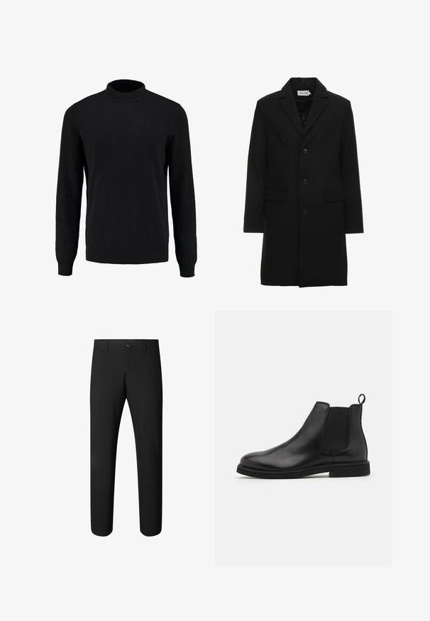 Manteau noir en mélange de laine avec revers à cran, fermeture à bouton simple, deux poches avant et une silhouette ajustée et élégante.; Pull en maille noir avec un col montant, des manches longues, et des poignets et un ourlet côtelés, présentant une texture lisse et une silhouette classique.; Pantalon noir slim avec fermeture à bouton et passants, conçu pour une tenue formelle ou de bureau.; Bottines Chelsea en cuir noir avec panneaux élastiques sur les côtés et une languette. Bout arrondi et semelle en caoutchouc plate, mettant en valeur une finition lisse.