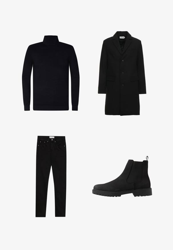 Sort uldblanding frakke med spidse klapper, enknap lukning, to frontlommer og en slank, skræddersyet silhuet.; Sort turtleneck sweater, ribbede manchetter og krave, blødt strikstof, let design, lange ærmer, ingen synlig branding eller mønstre.; Sorte denim skinny jeans med en glat tekstur, fem-lomme design, kontrasterende syninger og et mærket bælteskilt.; Pier One by Zalando UNISEX - Støvletter - black