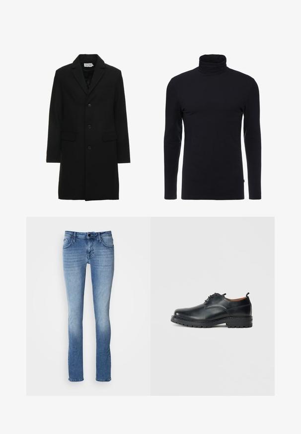 Schwarzer Wollmischungs-Mantel mit Reverskragen, einreihiger Knopfverschluss, zwei Fronttaschen und einer eleganten, taillierten Silhouette.; Schwarzes Langarm-Turtleneck-Shirt aus weichem, dehnbaren Stoff. Verfügt über ein tailliertes Design und eine glatte Textur. Keine sichtbaren Muster oder Akzente.; Helle blaue Denim-Jeans mit einem klassischen Fünf-Taschen-Design, geradem Bein und subtilen Ausbleichungen. Hergestellt aus weichem, strapazierfähigem Stoff.; Schwarze Leder Derby-Schuhe mit glatter Textur, runder Zehenform, Schnürdesign und einer dicken, robusten Gummisohle.