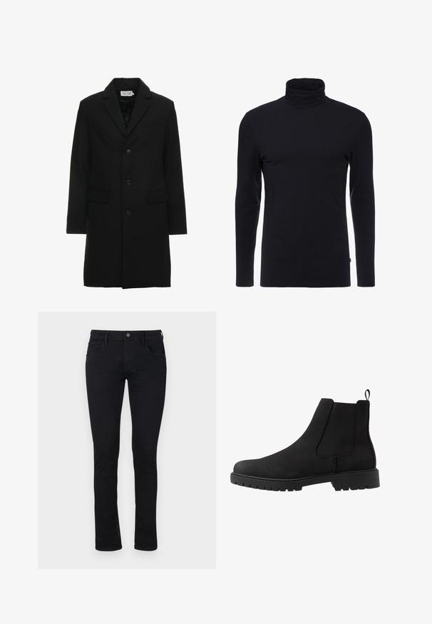 Schwarzer Wollmischungs-Mantel mit Reverskragen, einreihiger Knopfverschluss, zwei Fronttaschen und einer eleganten, taillierten Silhouette.; Schwarzes Langarm-Turtleneck-Shirt aus weichem, dehnbaren Stoff. Verfügt über ein tailliertes Design und eine glatte Textur. Keine sichtbaren Muster oder Akzente.; Schwarze Slim-Fit-Jeans aus Denim mit glatter Textur. Mit fünf Taschen und einem Reißverschluss sowie einem Knopfverschluss an der Taille.; Pier One by Zalando UNISEX - Stiefelette - black