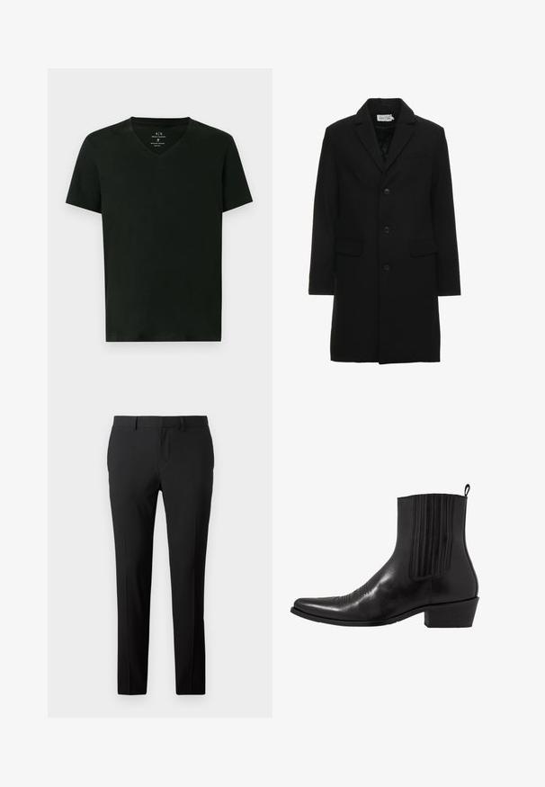 Manteau noir en mélange de laine avec revers à cran, fermeture à bouton simple, deux poches avant et une silhouette ajustée et élégante.; T-shirt en coton noir pour homme d'Armani Exchange avec des manches courtes et un col en V, taille moyenne, présenté à plat sur fond blanc.; Pantalons noirs ajustés en tissu lisse. Présente un design à jambe droite, des plis avant et des passants de ceinture pour un ajustement réglable.; Bottine noire en cuir avec un bout pointu, des panneaux latéraux élastiques, des accents de coutures verticales et un petit talon bloc.
