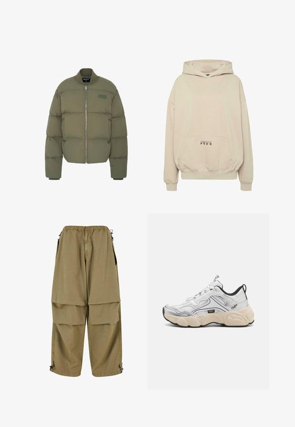 Doudoune vert olive avec col rond, fermeture éclair sur le devant et poignets en côte. Présente un patch logo rectangulaire sur la poitrine gauche.; Sweat à capuche beige avec une poche avant, des poignets côtelés et une capuche à cordon. Texte "PECADOR PGDR" imprimé sur la zone de la poche.; Pantalons cargo beige avec taille élastique, grandes poches avant et poignets ajustables. Fabriqués en tissu léger avec une texture lisse.; Baskets blanches avec des panneaux en maille et en synthétique, accents argentés, semelle crémeuse épaisse et détails noirs contrastants. Possède un système de laçage.