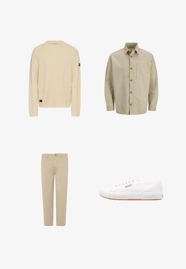 Beige skjorte med knapper, krave, lange ærmer og en brystlomme; lavet af et struktureret stof med træknapper.; Lys beige striktrøje med lange ærmer, rund halsudskæring, tekstureret stof og et lille sort logo-patch på venstre ærme.; Beige chinos med Slim Fit, lavet af blødt stof. Har en frontknaplukning, bæltestropper og lige ben.; Hvide kanvas sneakers med gummisål, snørebåndsdesign og et lille logo mærke på siden. Tekstureret hvid overdel og brun ydersål.