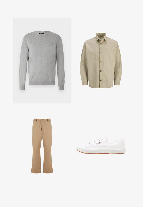 Beige skjorte med knapper, krave, lange ærmer og en brystlomme; lavet af et struktureret stof med træknapper.; Lys grå sweater med lange ærmer, rund halsudskæring, strikket tekstur og et simpel design med et lille logo over venstre skulder.; Beige bomuldsbukser med lige pasform, der har knaplukning, forlommer og en glat tekstur.; Hvide kanvas sneakers med gummisål, snørebåndsdesign og et lille logo mærke på siden. Tekstureret hvid overdel og brun ydersål.