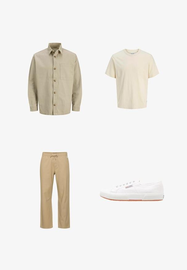Chemise beige à manches longues avec col et poche poitrine ; faite d'un tissu texturé avec des boutons en bois.; T-shirt en coton beige clair avec un col rond, des manches courtes et une coupe décontractée. Présente un branding minimal près de l'ourlet. Texture lisse.; Pantalon beige en coton coupe décontractée avec taille élastique et cordon de serrage. Comprend des poches latérales et une coupe droite. Pas de motifs visibles.; Baskets en toile blanches avec une semelle en caoutchouc, design à lacets et une petite étiquette logo sur le côté. Tige blanche texturée et semelle extérieure marron.