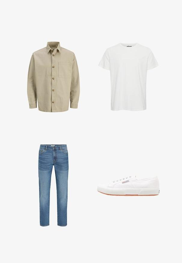 Beige Hemdbluse mit Kragen, langen Ärmeln und einer Brusttasche; aus einem strukturierten Stoff mit Holzknöpfen gefertigt.; Weißes Baumwoll-T-Shirt mit kurzen Ärmeln, Rundhalsausschnitt und einem dezenten Logo auf der Brust. Glatte Textur mit klassischer Passform.; Hellblaue Jeans aus Denim mit klassischem geradem Bein, ausgestattet mit fünf Taschen, Metallknopfverschluss und leichtem Verblassen des Stoffes.; Weiße Leinensneaker mit Gummisohle, Schnürdesign und einem kleinen Logolabel an der Seite. Strukturierte weiße Oberseite und braune Außensohle.