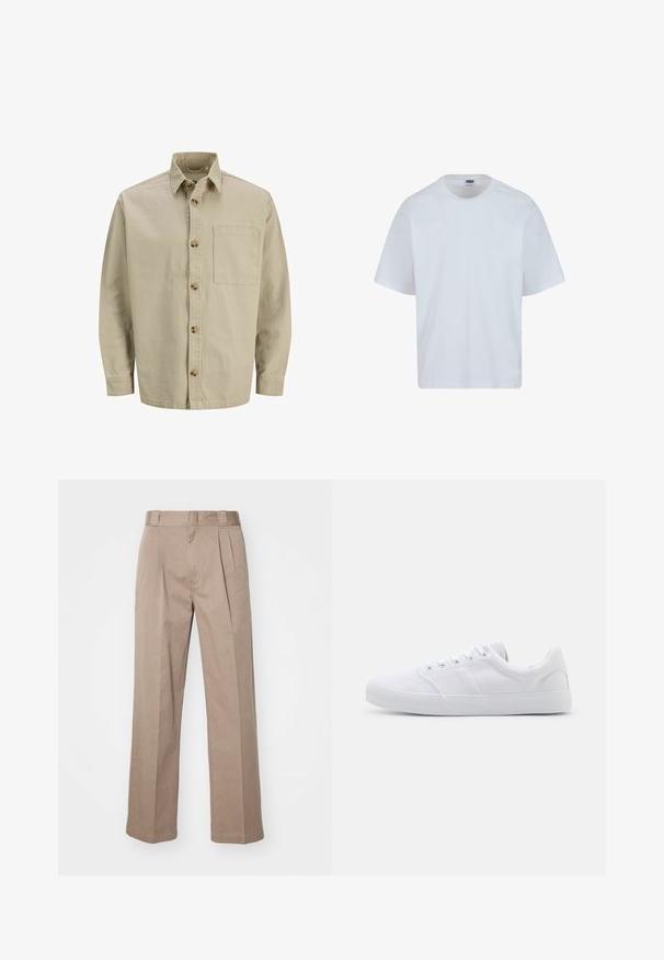 Beige skjorte med knapper, krave, lange ærmer og en brystlomme; lavet af et struktureret stof med træknapper.; Hvid bomulds T-shirt med rund halsudskæring, korte ærmer og lige snit. Har subtile syningsdetaljer på skuldrene.; Beige, høj talje bukser med bred ben-design. Har to forreste plisseringer og en glat tekstur. Standard længde med en ren finish.; Hvide lærreds sneakers med gummisål, der har seks snørehuller, en struktureret tåkap og et minimalistisk design.