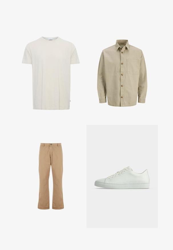 Chemise beige à manches longues avec col et poche poitrine ; faite d'un tissu texturé avec des boutons en bois.; T-shirt uni écru à manches courtes et col rond, avec une petite étiquette au col et une étiquette latérale à l'ourlet.; Pantalons en coton beige à coupe droite, dotés d'une fermeture à bouton, de poches avant et d'une texture lisse.; Baskets basses blanches avec lacets, empeigne en cuir lisse et semelle plate en caoutchouc, vues de profil sur un fond uni.
