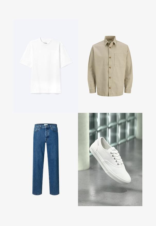 Chemise beige à manches longues avec col et poche poitrine ; faite d'un tissu texturé avec des boutons en bois.; T-shirt blanc uni à manches courtes et col rond avec une coupe décontractée, présenté sur un fond clair.; Jean droit bleu en denim avec fermeture par bouton et fermeture éclair, passants de ceinture et design cinq poches.; Baskets basses blanches en toile avec lacets, étiquetées Tommy Hilfiger, montrées flottant au-dessus d’un sol gris lisse près d’un mur en briques de verre.