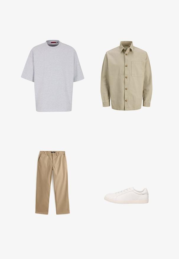 Beige overhemd met knopen, met een kraag, lange mouwen en een borstzak; gemaakt van een textured stof met houten knopen.; Lichtgrijs oversized t-shirt, korte mouwen, ronde halslijn, gemaakt van zachte stof, heeft een rechte zoom zonder patronen of versieringen.; Beige recht gesneden chino's van lichtgewicht katoen. Voorzien van twee voorzakken en een knoopsluiting. Gladde textuur, minimale details.; Witte low-top sneaker met veterluiting en platte zool, weergegeven in zijprofiel op een witte achtergrond.