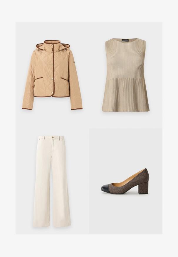 Veste matelassée beige avec bordure marron, fermeture à boutons-pression, deux poches avant, manches longues et capuche attachée.; Haut beige sans manches en maille côtelée avec encolure ronde et ourlet évasé, présenté sur un fond blanc.; Pantalons larges beiges en coton avec une texture lisse. Comprend une fermeture à bouton, des poches avant et un design de taille classique.; Escarpin à talon haut marron à motifs avec un bout rond noir et un talon carré, présentant une texture lisse semblable à du cuir.