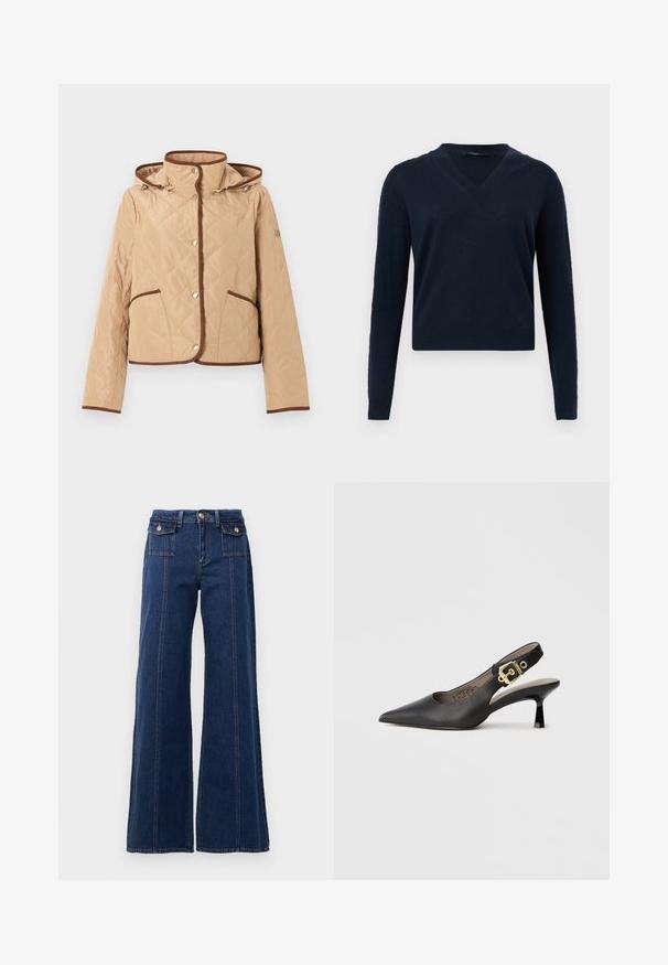 Beige quiltet jakke med brune kantdetaljer, trykknapper, to forlommer, lange ærmer og hætte.; Marineblå V-hals langærmet sweater med ribbet kant og ærmeafslutninger, vist mod en lysegrå baggrund.; Mørkeblå vidde jeans lavet af denim. Har fire lommer, store syninger og en høj talje-design. Klassisk knaplukning.; Sort slingback højhælt sko med spids tå, glat læderstruktur og en guldfarvet spændeaccent på remmen.