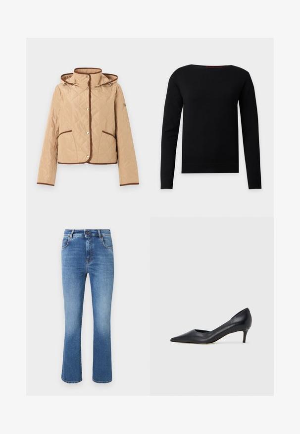 Veste matelassée beige avec bordure marron, fermeture à boutons-pression, deux poches avant, manches longues et capuche attachée.; Pull noir à manches longues avec col rond, design simple et ajusté sur un fond gris clair.; Jean en denim bleu taille haute avec jambes légèrement évasées, cinq poches, fermeture par bouton et décoloration subtile sur le devant.; Escarpin en cuir noir avec un bout pointu et un talon bas. Présente une texture lisse et un éclat subtil. Découpe ouverte à l'avant pour un détail supplémentaire.