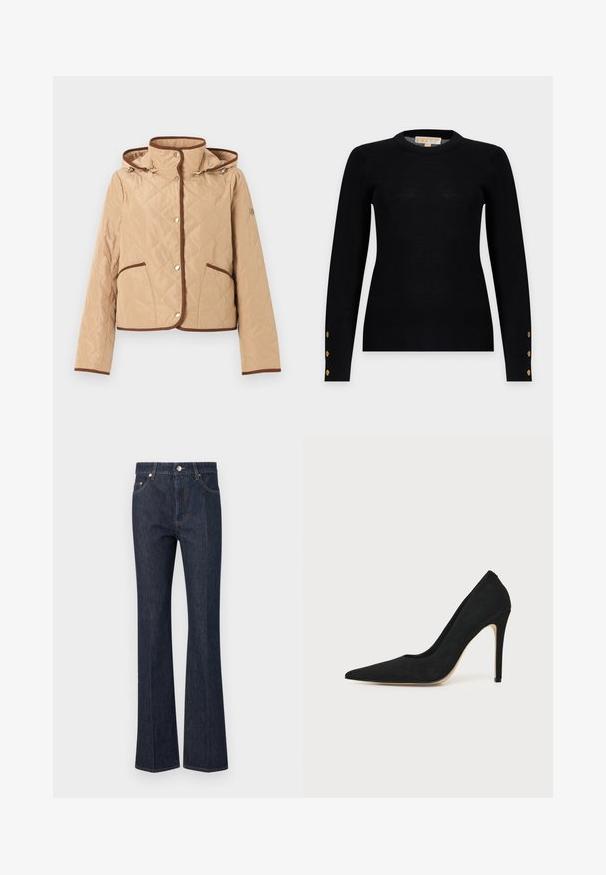 Veste matelassée beige avec bordure marron, fermeture à boutons-pression, deux poches avant, manches longues et capuche attachée.; Pull noir ajusté à manches longues, col rond et trois boutons dorés sur chaque bord de manche.; Jean en denim bleu foncé avec une taille haute, une coupe droite, une fermeture devant par boutons et des coutures visibles sur les poches et les coutures.; Escarpin stiletto noir à talon haut avec bout pointu et texture lisse, présenté de profil sur un fond clair uni.